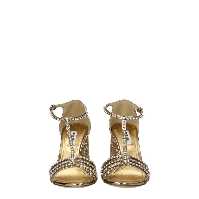 Miu Miu Gold Plastic Platform Sandals with Rhinestones