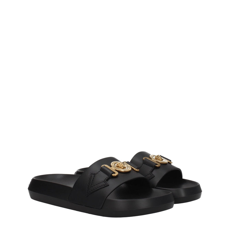 Versace Black Leather Slippers Sandals for Women