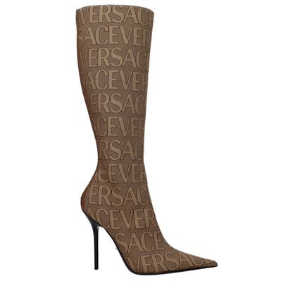 Versace hoge hakken enkellaarzen van beige stof