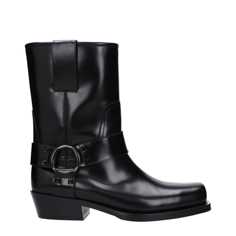 Valentino Garavani Black Leather Ankle Boots with Studs