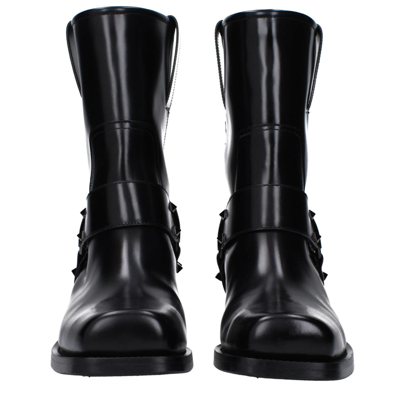Valentino Garavani Black Leather Ankle Boots with Studs