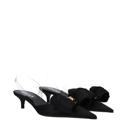 Versace Zwarte Satijnen Platte Sandalen