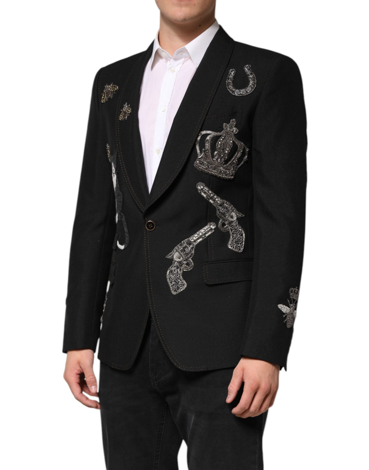 Blazer-tailleur noir à décor de couronne d'abeille de Dolce &amp; Gabbana