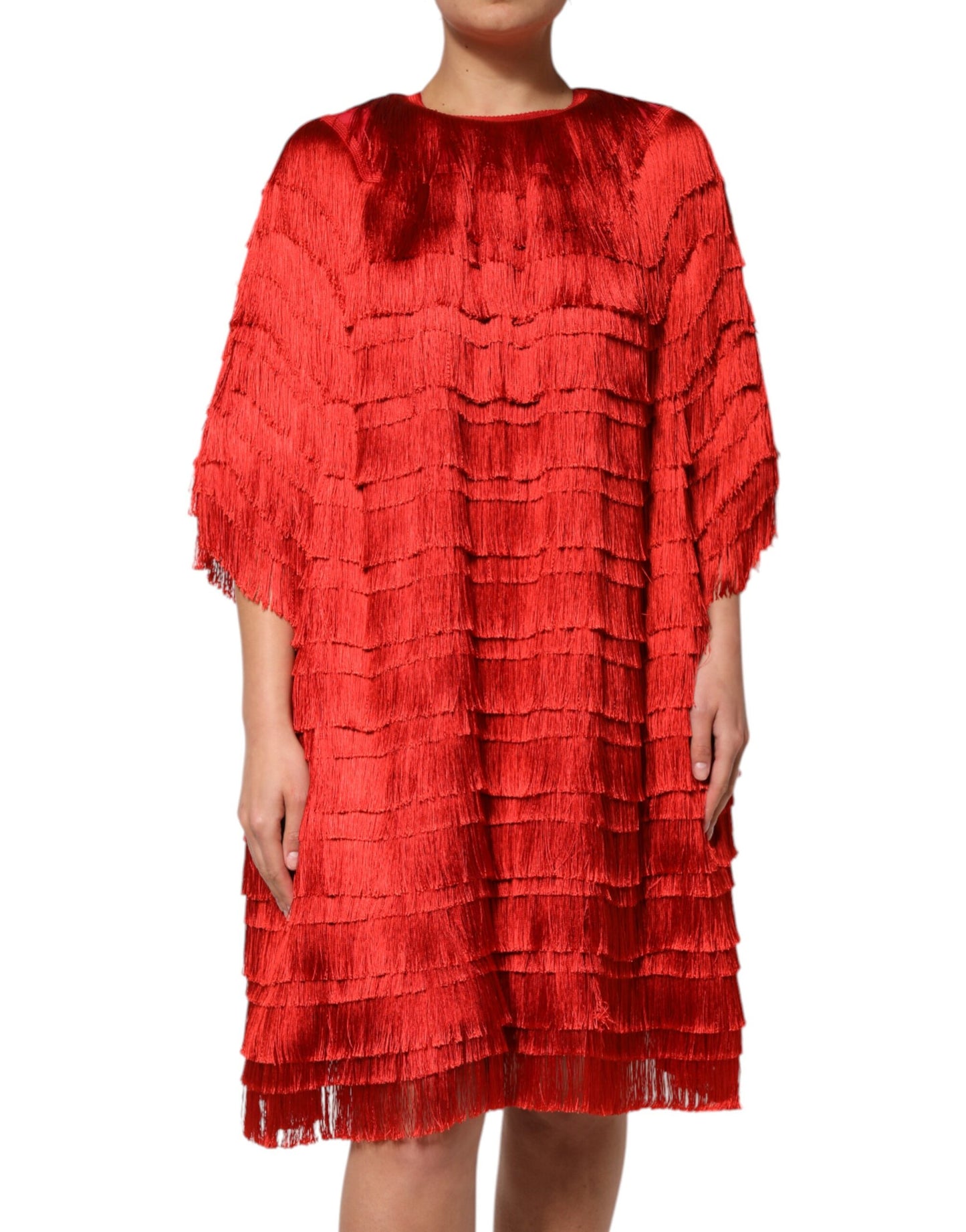 Robe portefeuille à franges et volants en soie rouge de Dolce &amp; Gabbana, longueur genou.