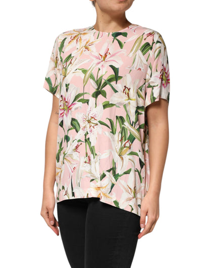 Blouse à col rond Dolce &amp; Gabbana rose à imprimé de lys