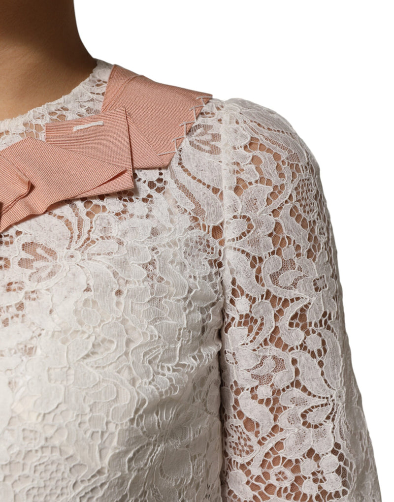 Dolce & Gabbana White Floral Lace Short Sleeves Blouse Top