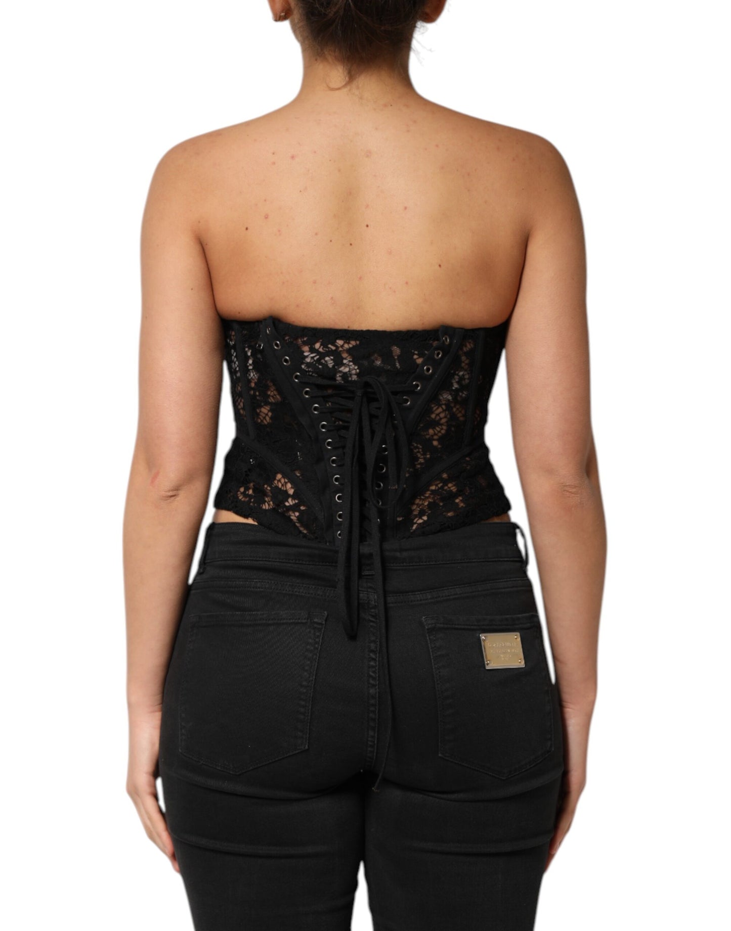 Dolce & Gabbana Black Strapless Floral Lace Bustier Cropped Top