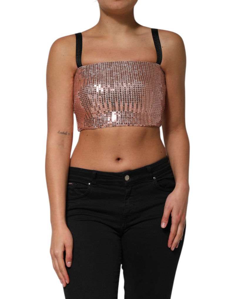 Dolce & Gabbana Top Cropped Sans Manches en Nylon Pailleté Rose