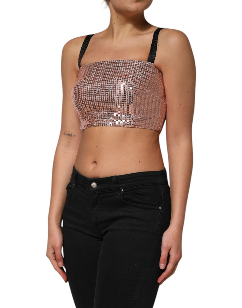 Dolce & Gabbana Top Cropped Sans Manches en Nylon Pailleté Rose