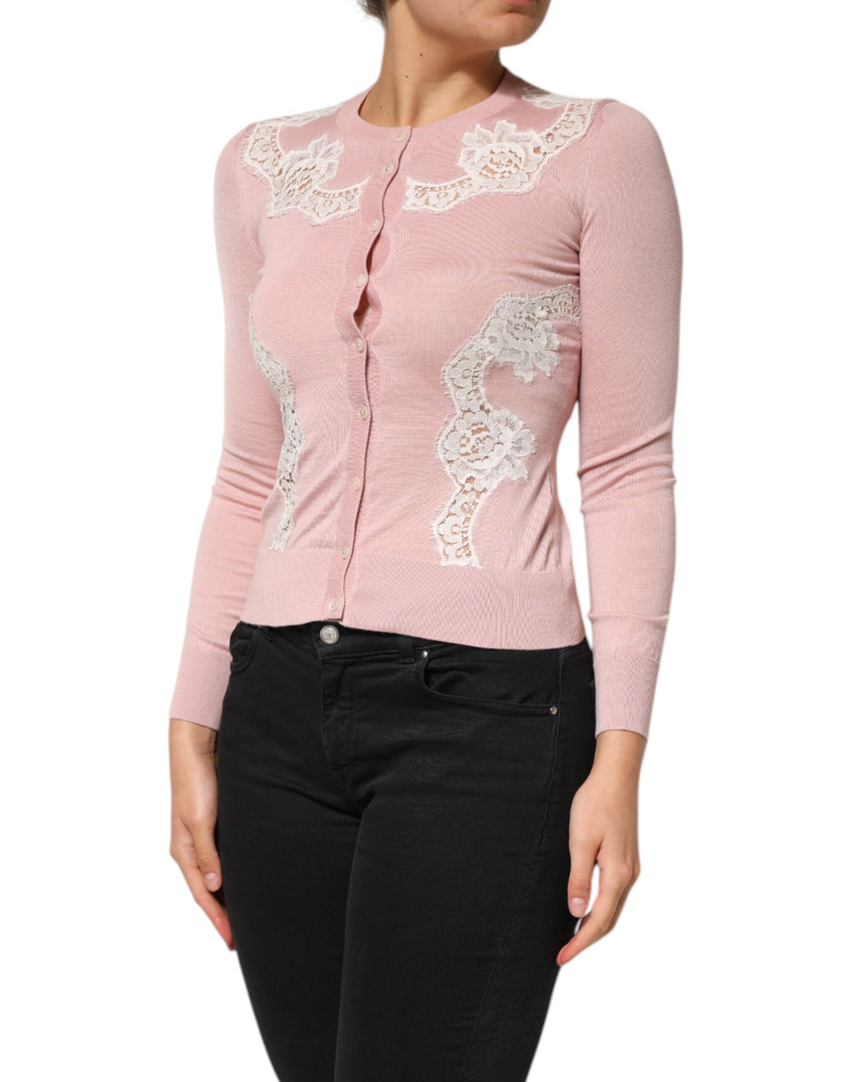 Dolce & Gabbana Cardigan Sweater avec Détails en Dentelle Florale Rose