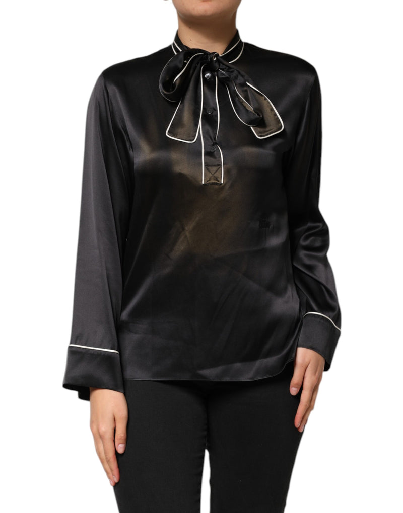 Dolce & Gabbana Black Silk Ascot Collared Blouse Top