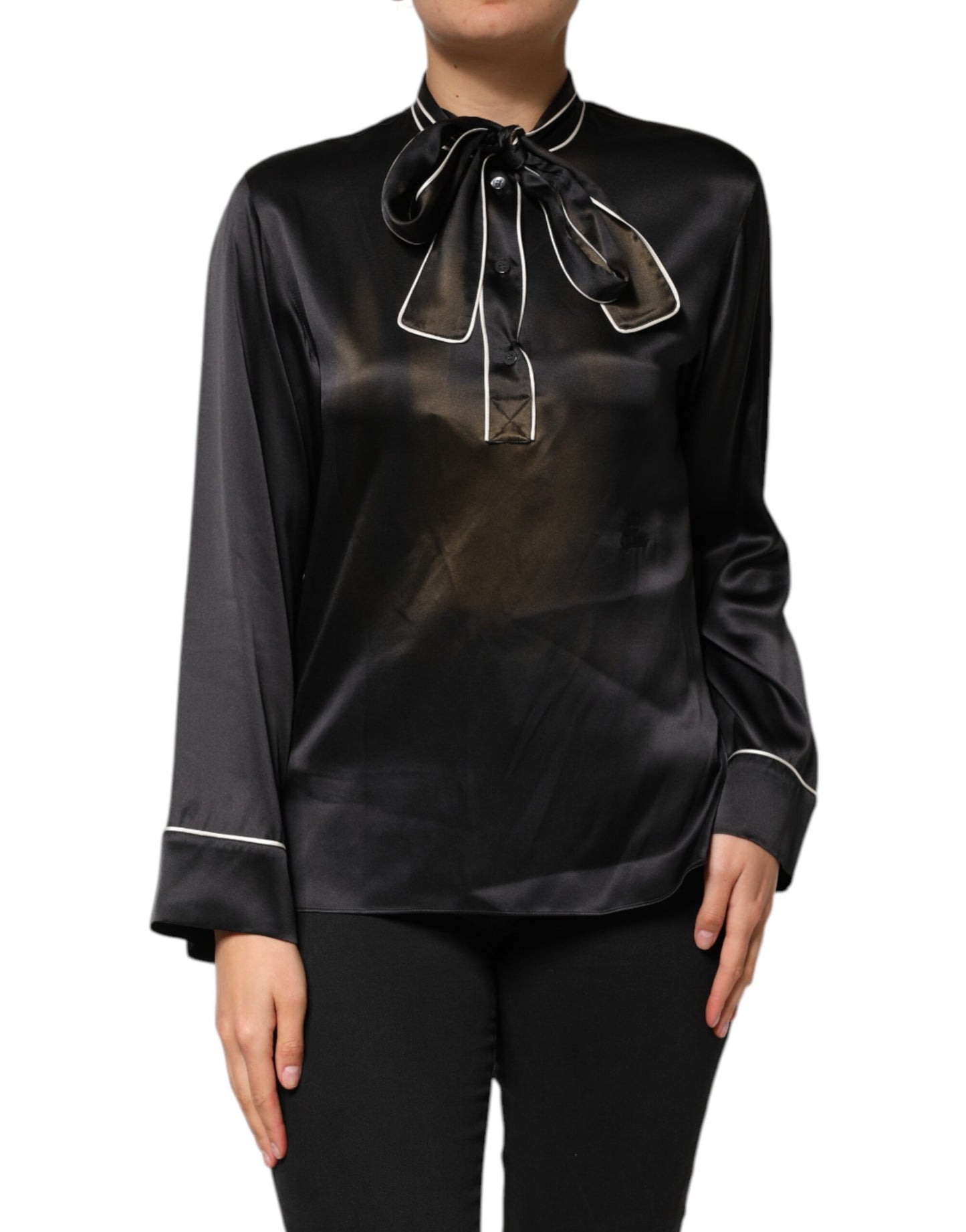 Dolce & Gabbana Black Silk Ascot Collared Button Blouse Top