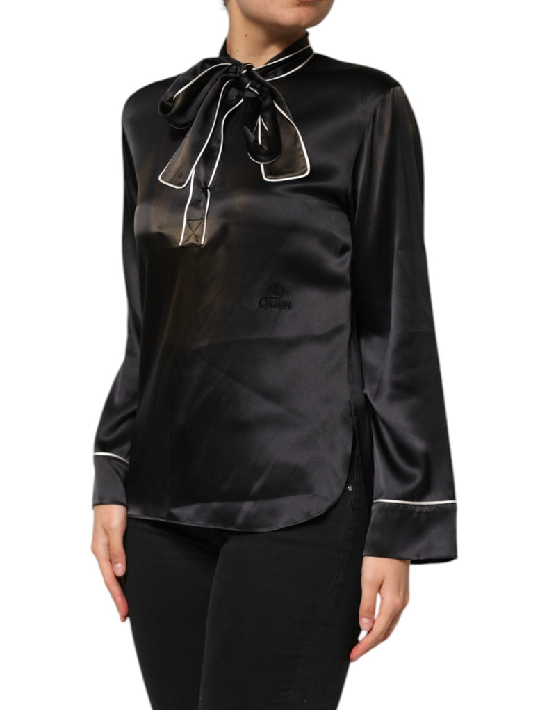 Dolce & Gabbana Black Silk Ascot Collared Blouse Top