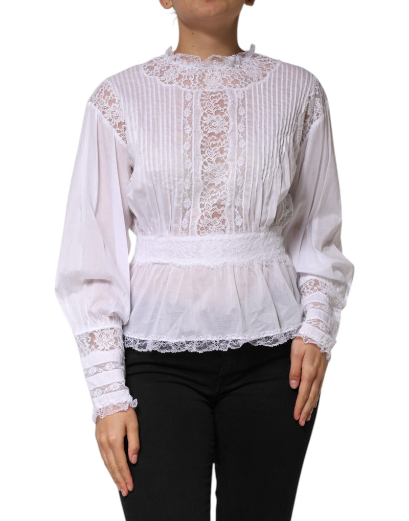 Dolce & Gabbana Top Blanc en Coton avec Dentelle Florale à Manches Longues