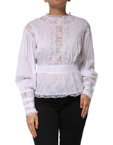 Dolce & Gabbana Top Blanc en Coton avec Dentelle Florale à Manches Longues