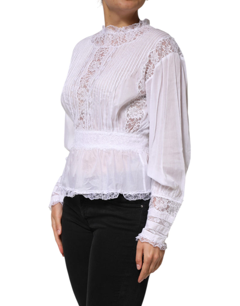 Dolce & Gabbana Top Blanc en Coton avec Dentelle Florale à Manches Longues