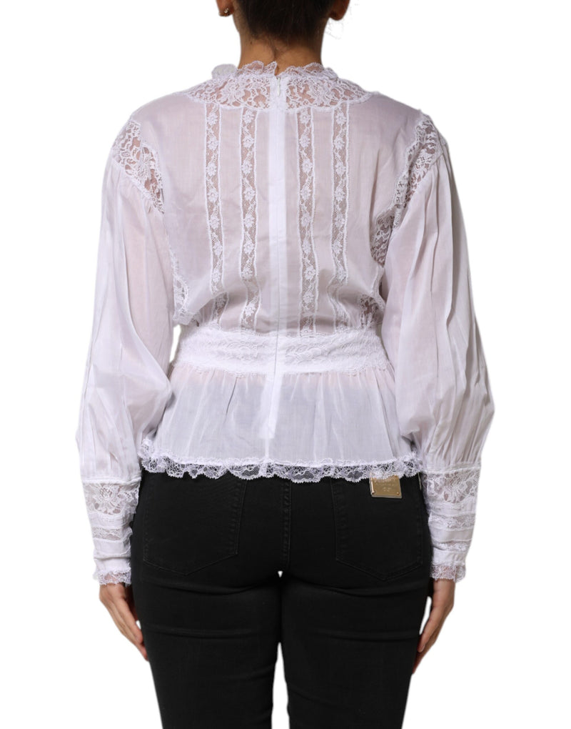 Dolce & Gabbana Top Blanc en Coton avec Dentelle Florale à Manches Longues