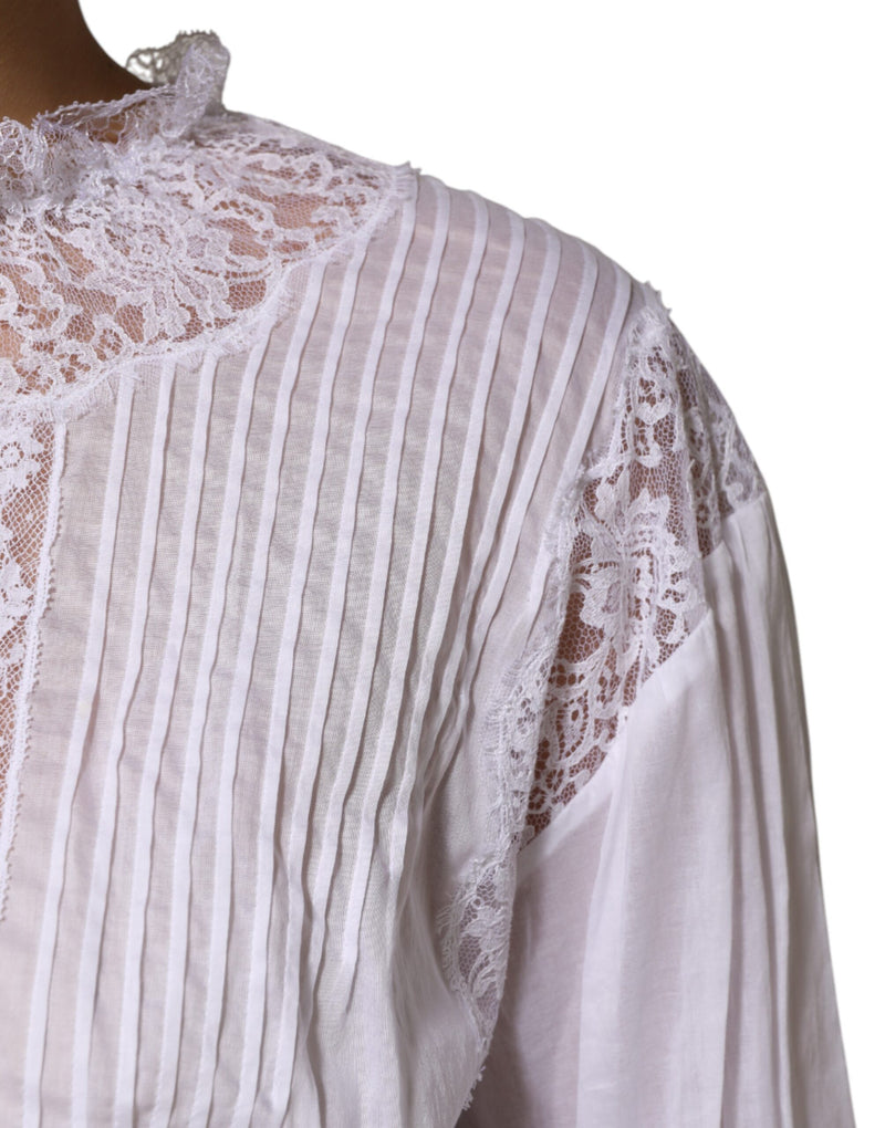 Dolce & Gabbana Top Blanc en Coton avec Dentelle Florale à Manches Longues
