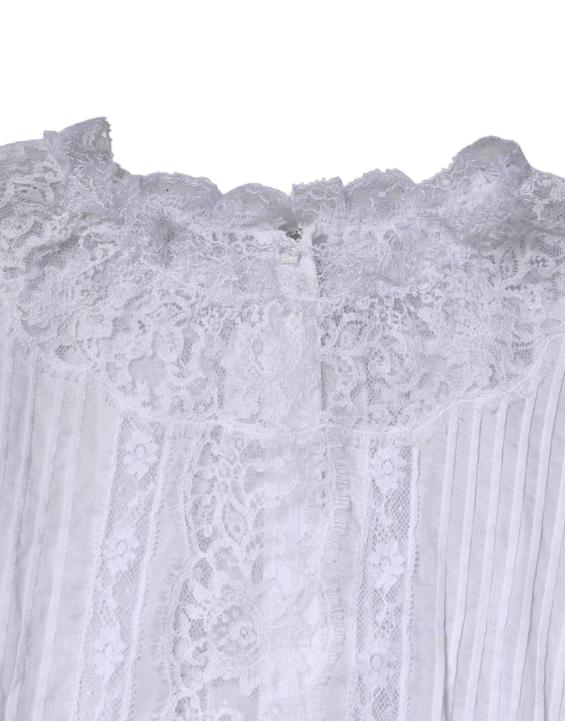 Dolce & Gabbana Top Blanc en Coton avec Dentelle Florale à Manches Longues