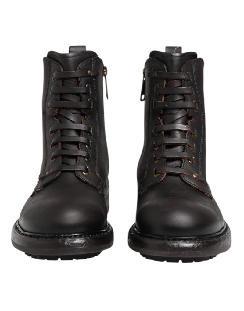 Dolce & Gabbana Dark Brown Leather Lace Up Mid Calf Boots