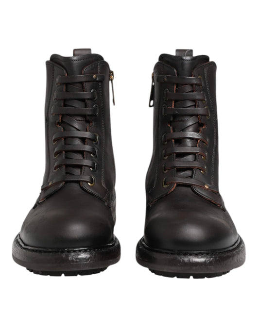 Dolce & Gabbana Bottes en Cuir Marron Foncé à Lacets Mi-Mollet