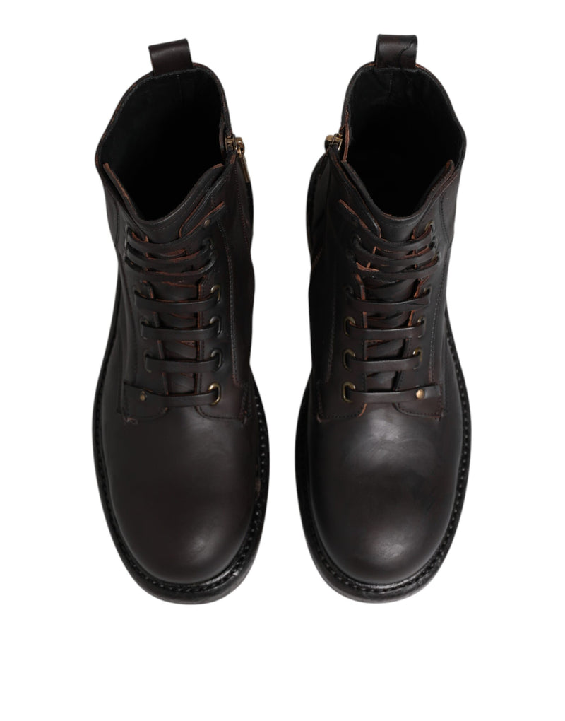 Dolce & Gabbana Bottes en Cuir Marron Foncé à Lacets Mi-Mollet