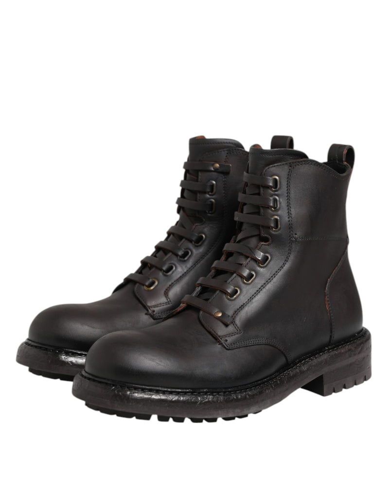 Dolce & Gabbana Dark Brown Leather Lace Up Mid Calf Boots