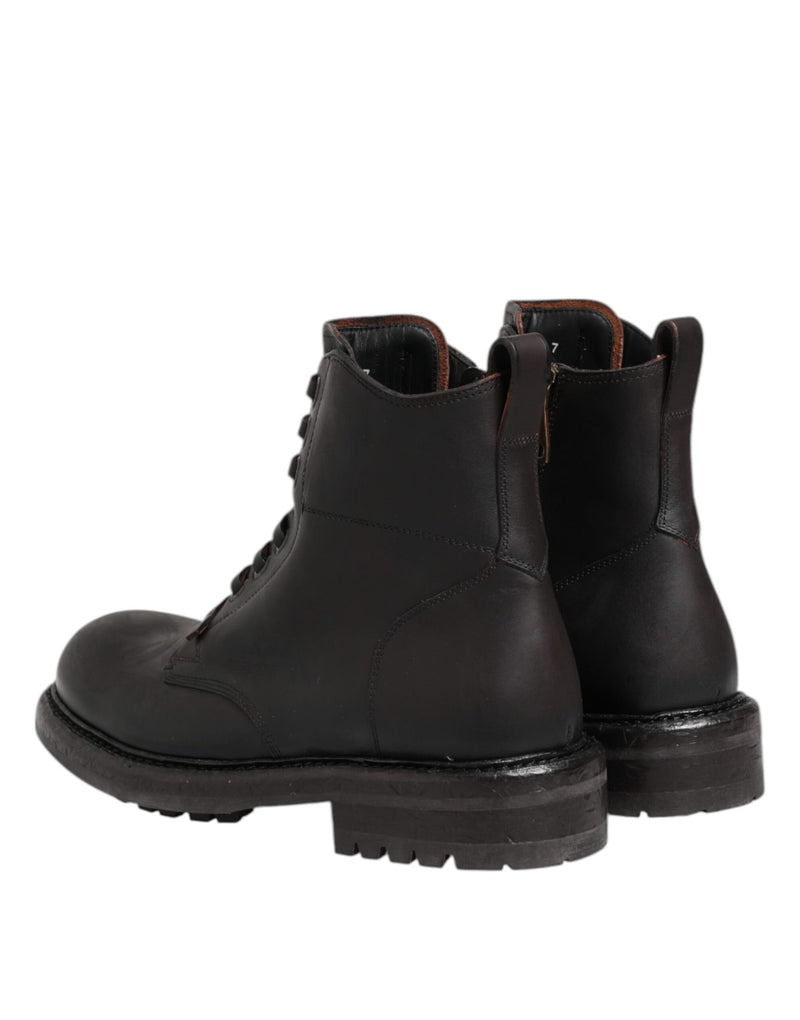 Dolce & Gabbana Dark Brown Leather Lace Up Mid Calf Boots