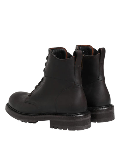 Dolce & Gabbana Dark Brown Leather Lace Up Mid Calf Boots Shoes