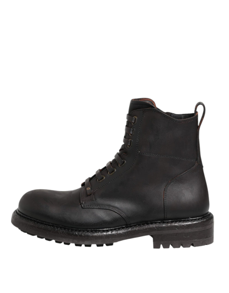 Dolce & Gabbana Dark Brown Leather Lace Up Mid Calf Boots