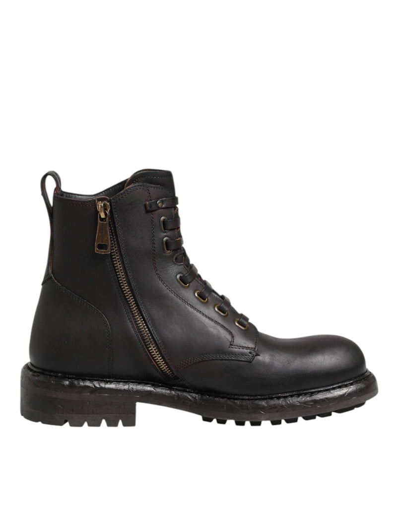 Dolce & Gabbana Dark Brown Leather Lace Up Mid Calf Boots