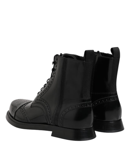 Dolce & Gabbana Black Leather Lace Up Mid Calf Boots Shoes