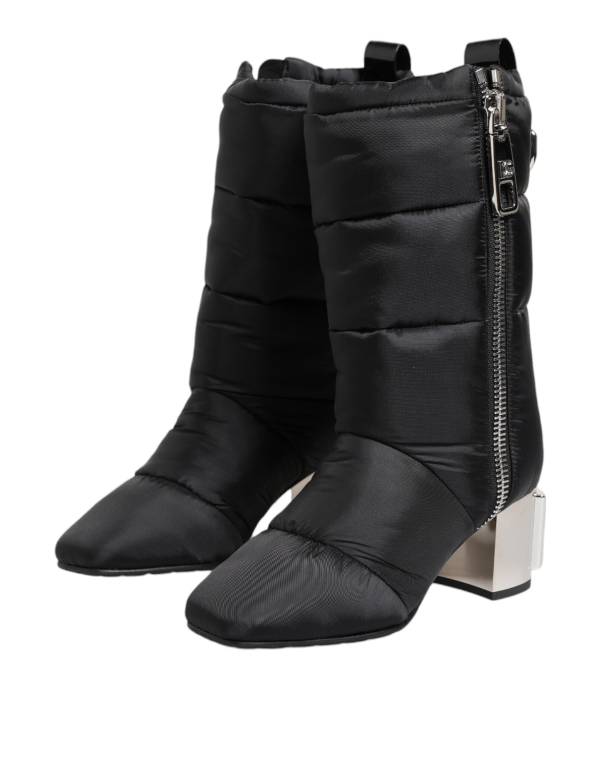 Dolce & Gabbana Black Padded Mid Calf Logo Heel Boots