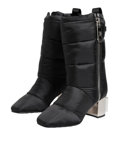 Dolce & Gabbana Zwarte, Gevoerde, Mid-Calf Laarzen met Logo en Hak