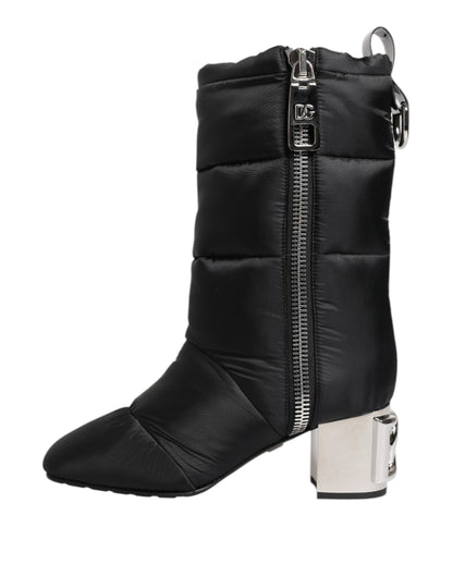 Dolce & Gabbana Zwarte, Gevoerde, Mid-Calf Laarzen met Logo en Hak