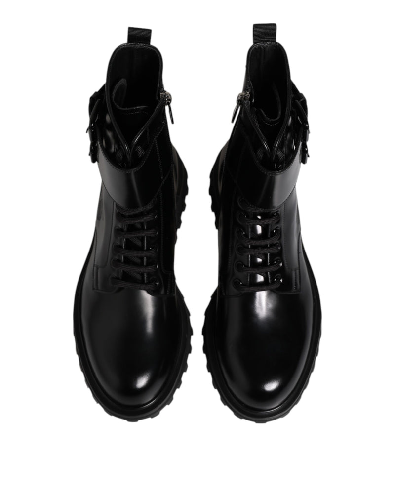 Dolce & Gabbana Black Leather Lace Up Mid Calf Boots