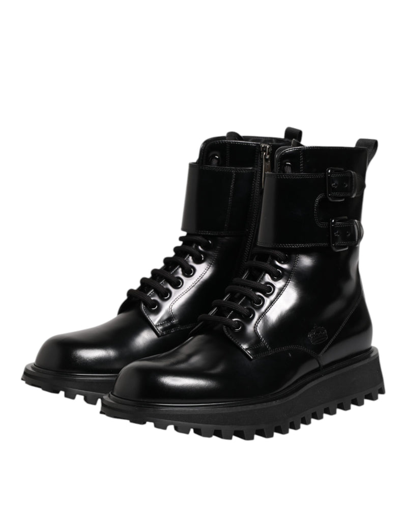 Dolce & Gabbana Black Leather Lace Up Mid Calf Boots