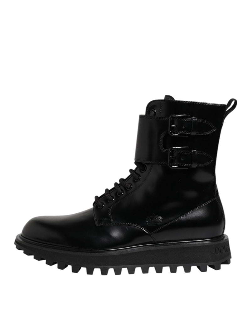 Dolce & Gabbana Black Leather Lace Up Mid Calf Boots