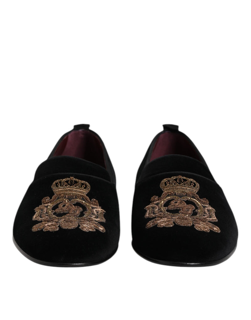 Dolce & Gabbana Black Velvet Gold Crown Men's Loafers