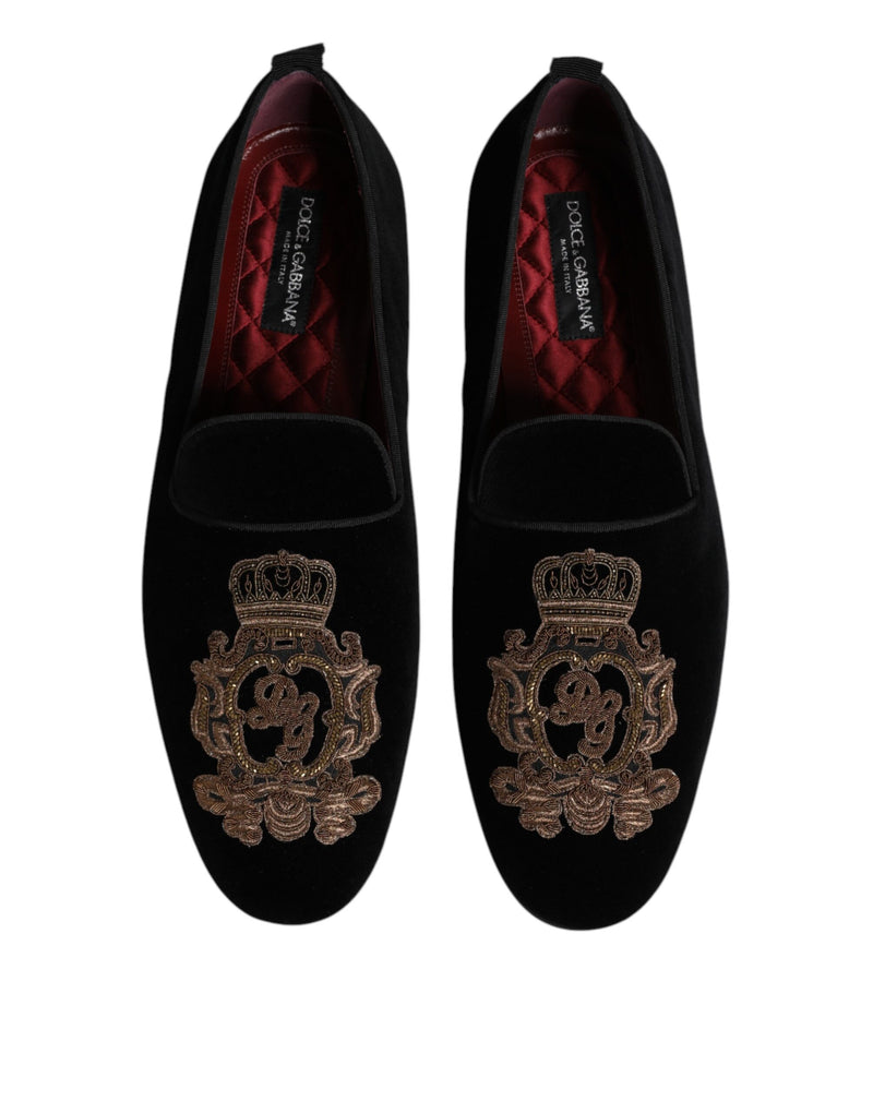Dolce & Gabbana Black Velvet Gold Crown Men's Loafers