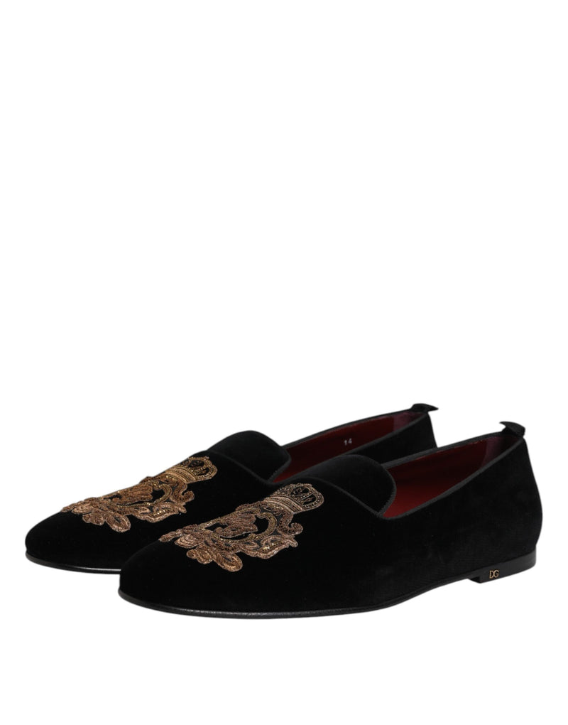 Dolce & Gabbana Black Velvet Gold Crown Men's Loafers