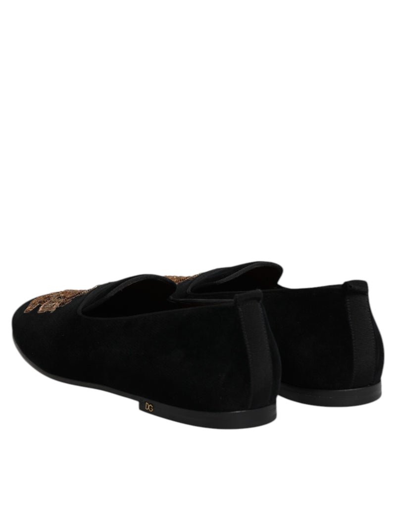 Dolce & Gabbana Black Velvet Gold Crown Men's Loafers