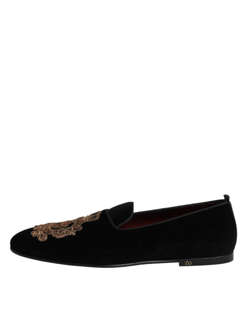 Dolce & Gabbana Black Velvet Gold Crown Men's Loafers