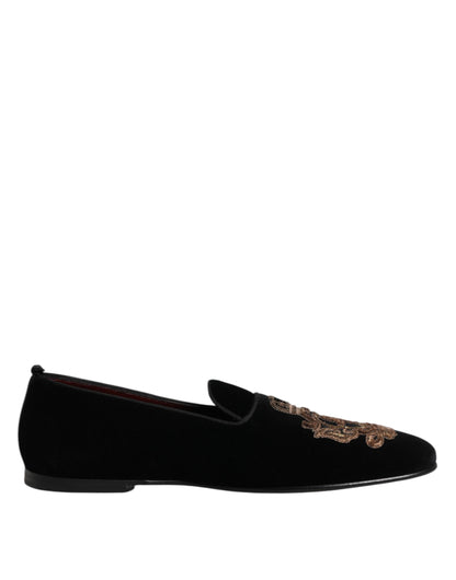 Dolce & Gabbana Black Velvet Gold Crown Mens Loafers Shoes