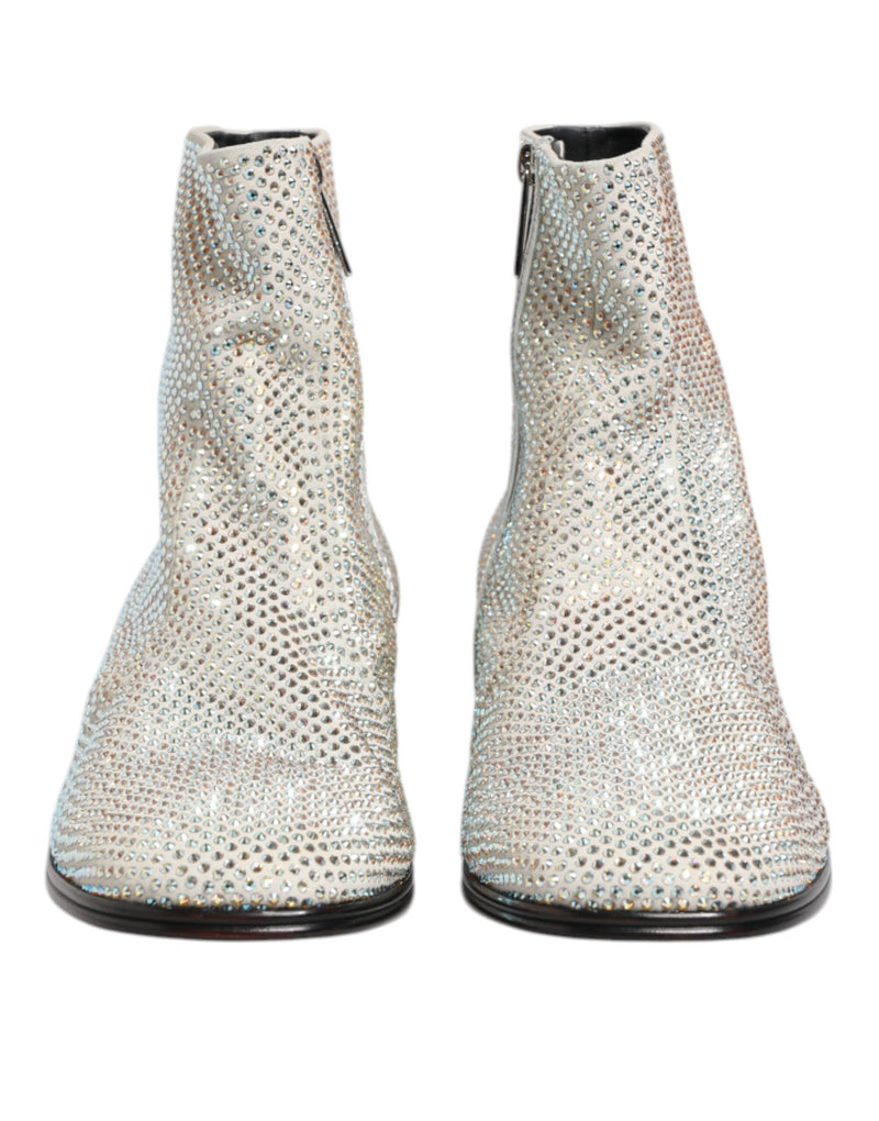 Dolce & Gabbana White Strass DG Logo Heeled Ankle Boots