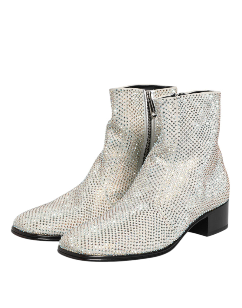 Dolce & Gabbana White Strass DG Logo Heeled Ankle Boots