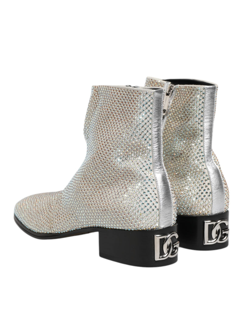 Dolce & Gabbana White Strass DG Logo Heeled Ankle Boots
