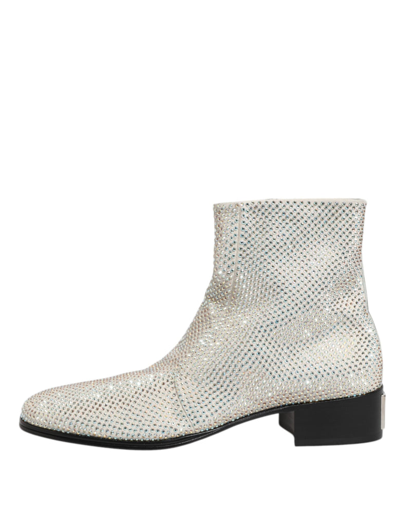 Dolce & Gabbana White Strass DG Logo Heeled Ankle Boots