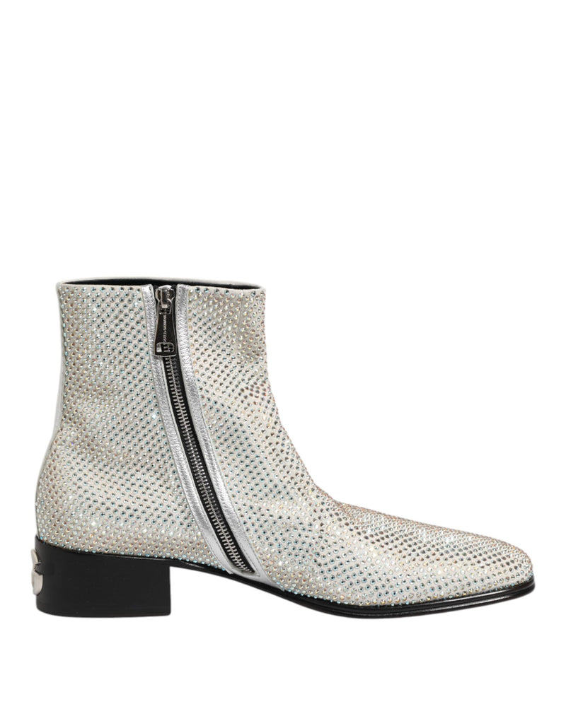 Dolce & Gabbana White Strass DG Logo Heeled Ankle Boots