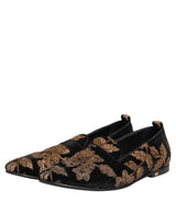 Dolce & Gabbana Black Floral Embroidery Men Loafers Shoes